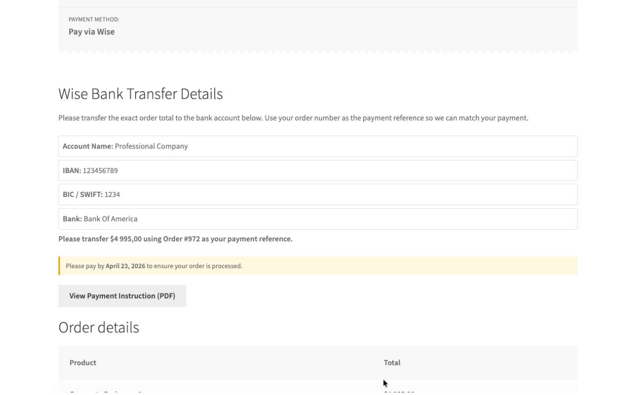 Wise Bank Details After Checkout With Payment Instruction Pdf Button