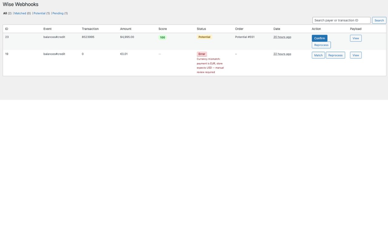 Wise Webhooks Page